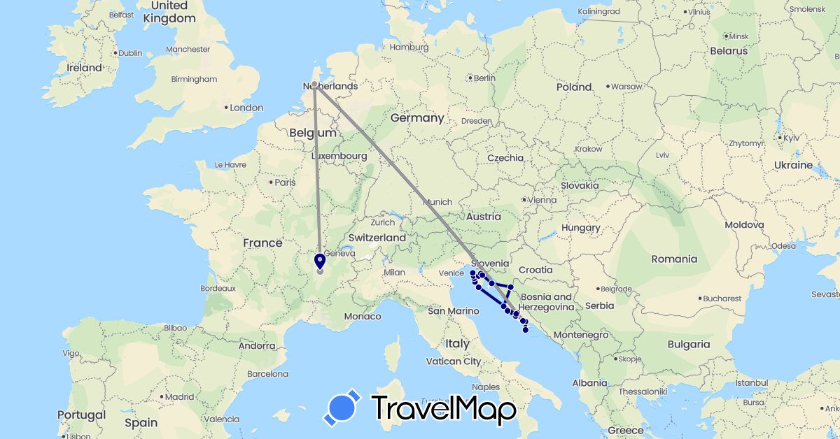 TravelMap itinerary: driving, plane in France, Croatia, Netherlands (Europe)